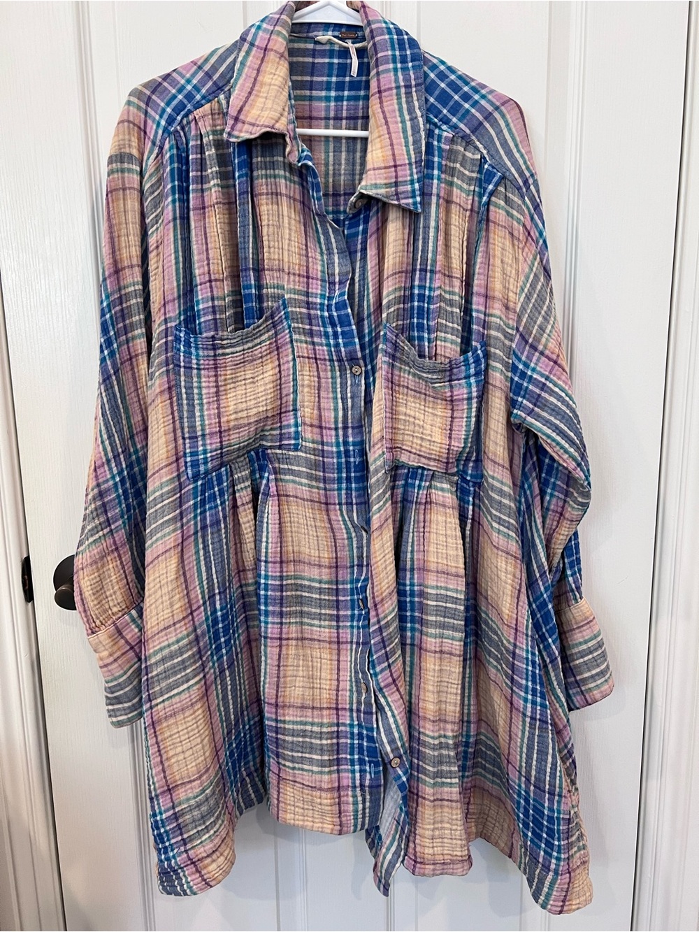Free People Oversized Plaid Button-Down Shirt in Blue and Pink